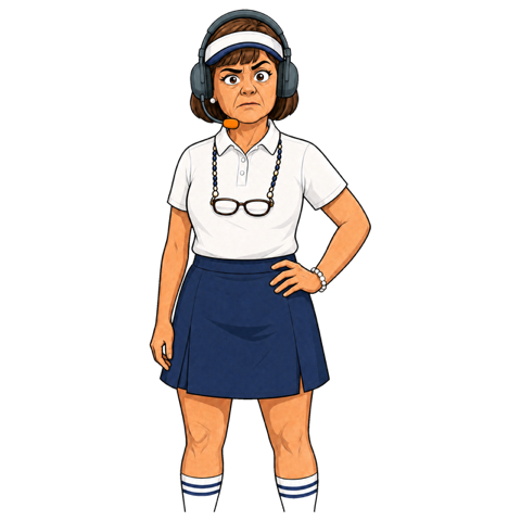 Barb — visor, headset, reading glasses on a chain, arms crossed