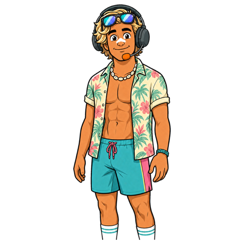 Brody — sunglasses on his head, open Hawaiian shirt, board shorts, headset