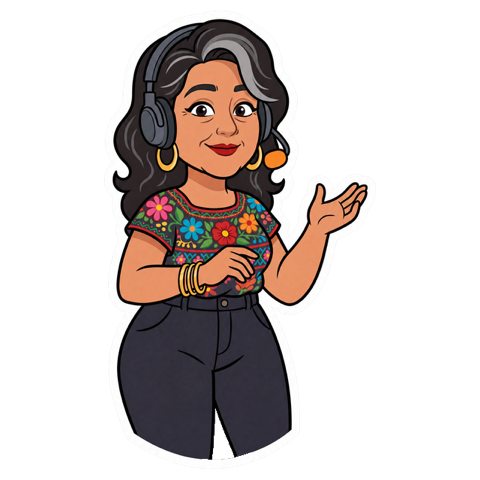 Tía Carmen — embroidered blouse, gold hoops and bangles, headset