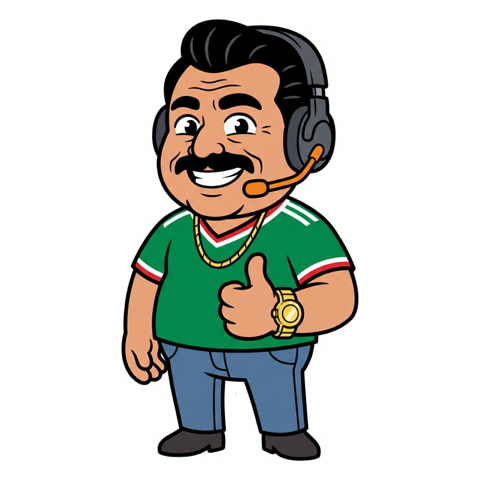 Tío Julio — mustache, green jersey, gold chain, thumbs up, headset