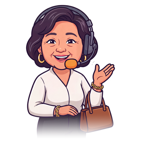 Tita Joy — warm smile, gold hoops, handbag on her arm, headset