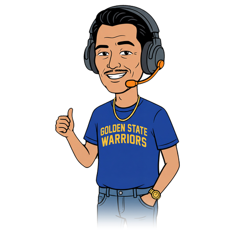 Tito Boy — Warriors shirt, gold chain, thumbs up, headset